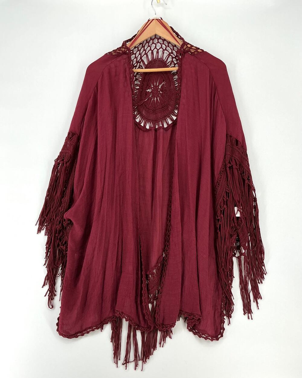 Everleigh 2X/3X Burgundy Crochet Fringe Kimono Cardigan Boho Plus Size